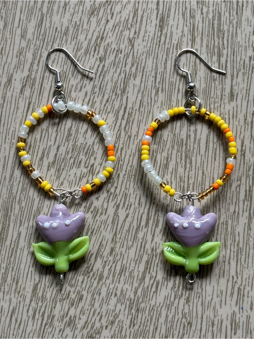 Hand Crafted Purple Flower Hoop Earrings with Yellow and Orange Beads